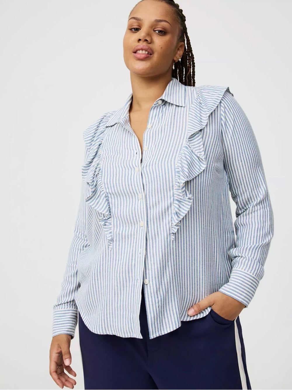 torrid Light Blue & White Striped Ruffle Button-Down Shirt